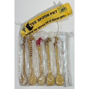 5 African Game Wood Tee Spoons Giraffe Zebra Wooden Teaspoon Safari Souvenir